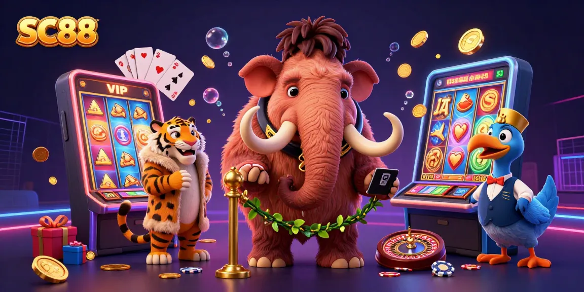 Experience the excitement of SC88 casino with a woolly mammoth bouncer and tiger guest in a vibrant gaming atmosphere.