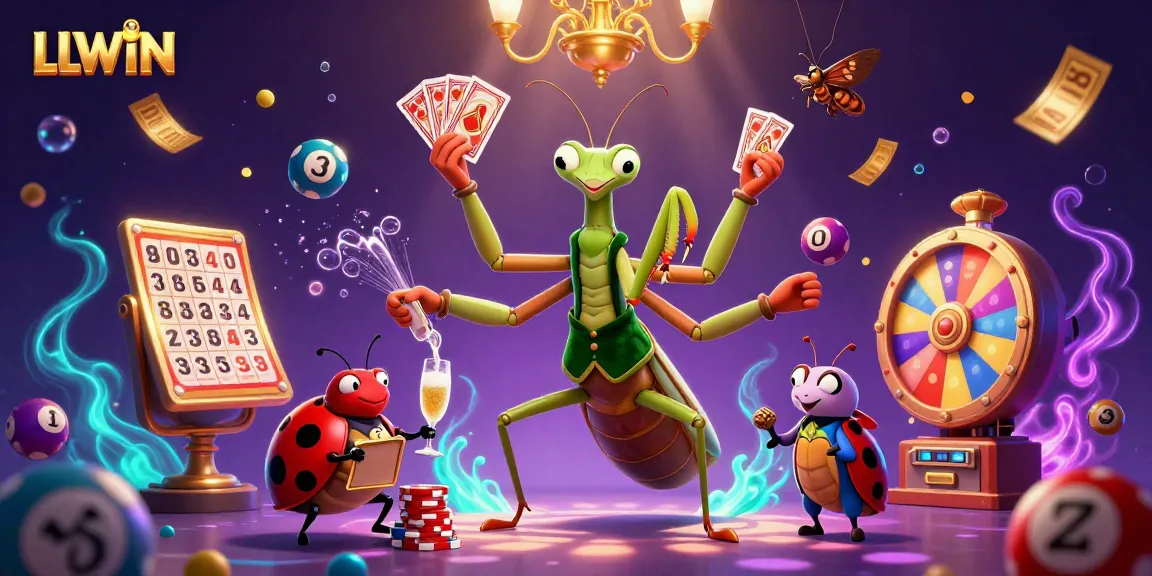 Experience LLWIN's vibrant gaming magic with a dynamic casino scene featuring a card sharp mantis and ladybug pit boss.