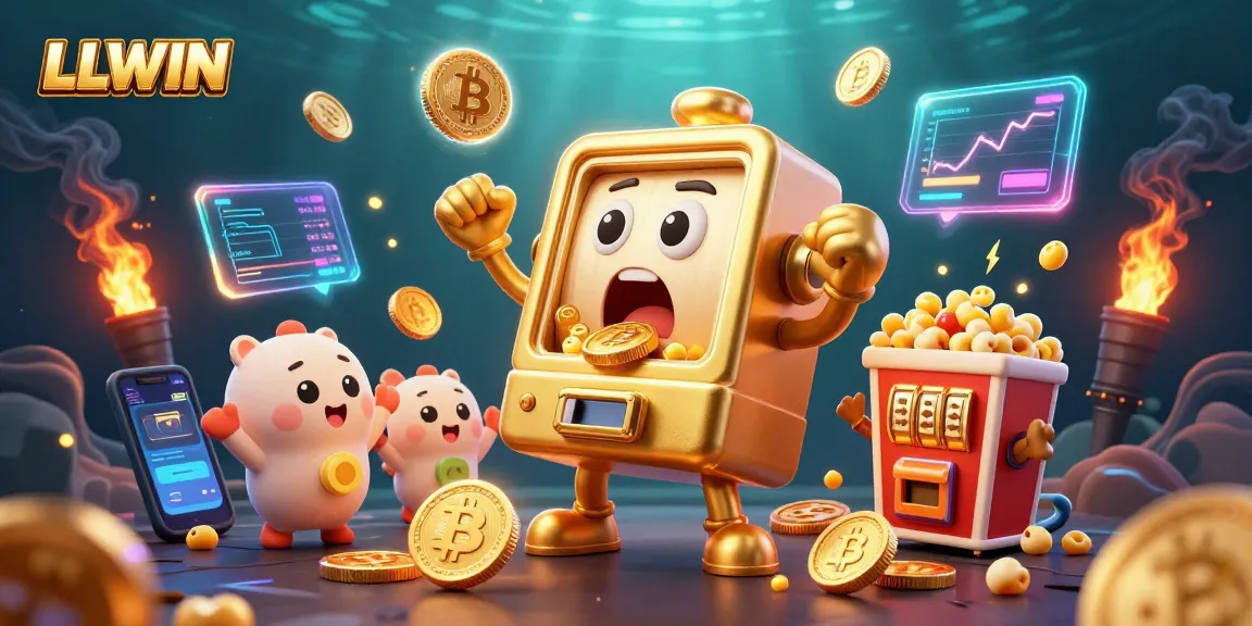 LLWIN slot machine hits jackpot, surrounded by Bitcoin and Ethereum coins, celebrating excitement in a casino scene.