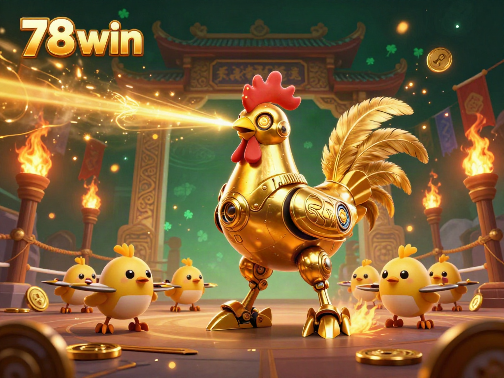 Experience the thrill of 78 win with a dynamic 3D scene of a golden rooster robot and baby chick drones amidst golden betting tokens.