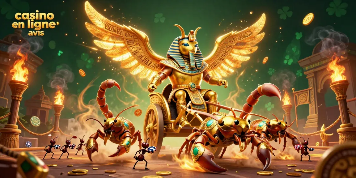 Découvrez un casino en ligne avis vibrant avec des personnages détaillés de scarabée et scorpions, entourés de jets d'or.