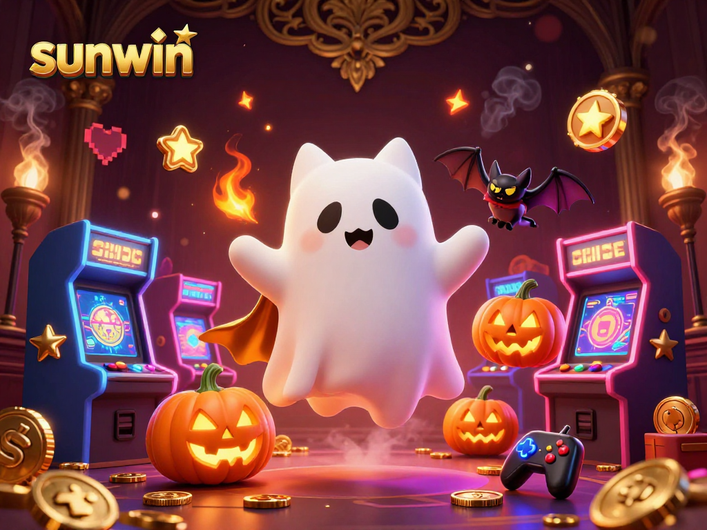 Engage in thrilling gameplay with sunwin's vibrant casino adventure featuring a ghost cat and bat.