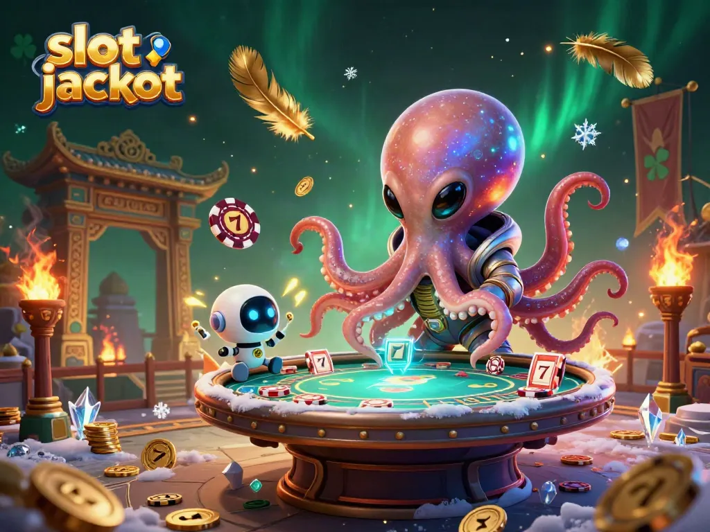 Experience the thrilling slot jackpot excitement in a vibrant 3D cartoon scene featuring an alien octopus and poker elements.