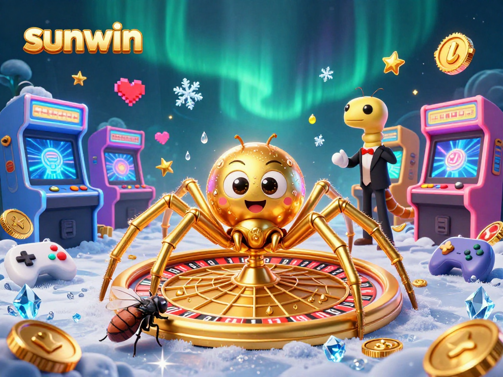 Bet at sunwin's vibrant casino scene with a golden spider and centipede croupier spinning the roulette.