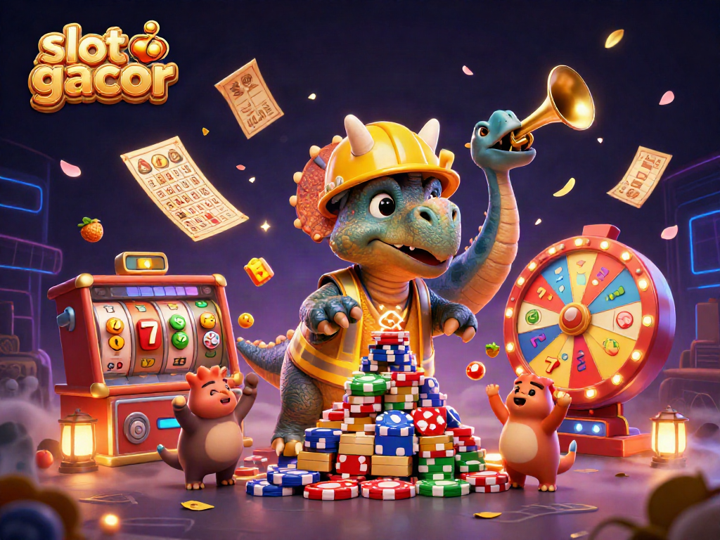 Gambar slot gacor menampilkan triceratops dan parasaurolophus merayakan keberuntungan jackpot.