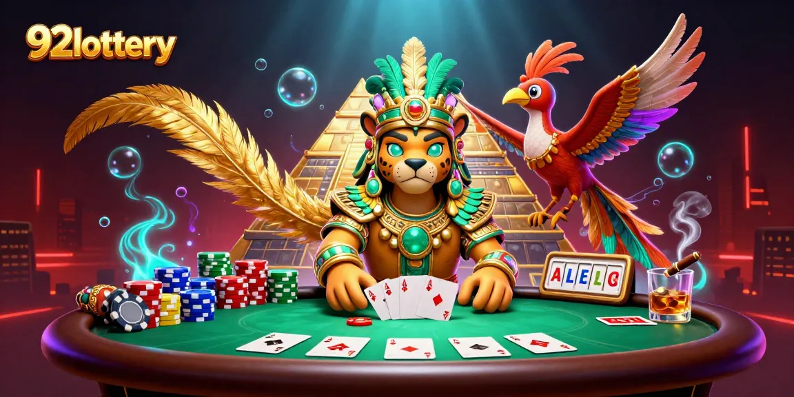 Play exciting games with 92lottery featuring a Mayan priest and vibrant casino elements.