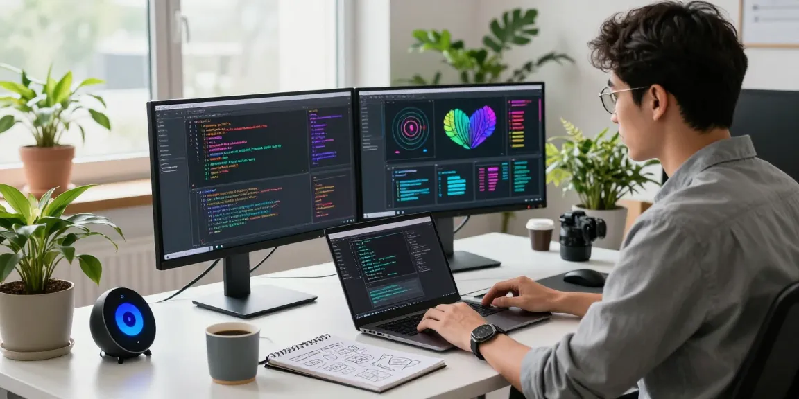 Developer utilizing generative AI tools in a modern tech workspace, showcasing coding on dual monitors and a creative environment.