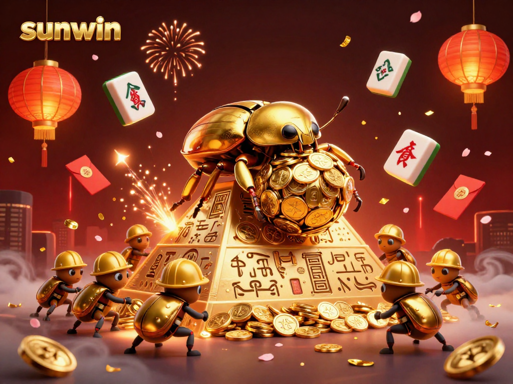 Experience the excitement of sunwin with a golden beetle rolling coins in a vibrant casino scene.