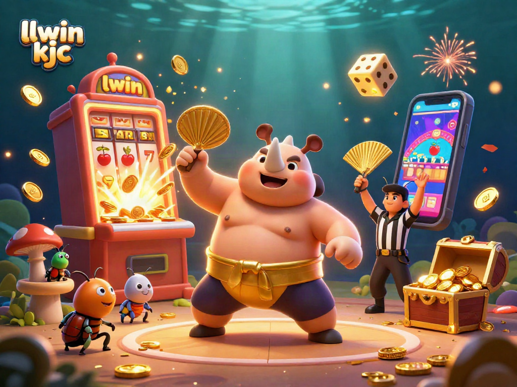 Experience the exciting llwin kjc gaming scene with a sumo champion beetle and vibrant casino elements.