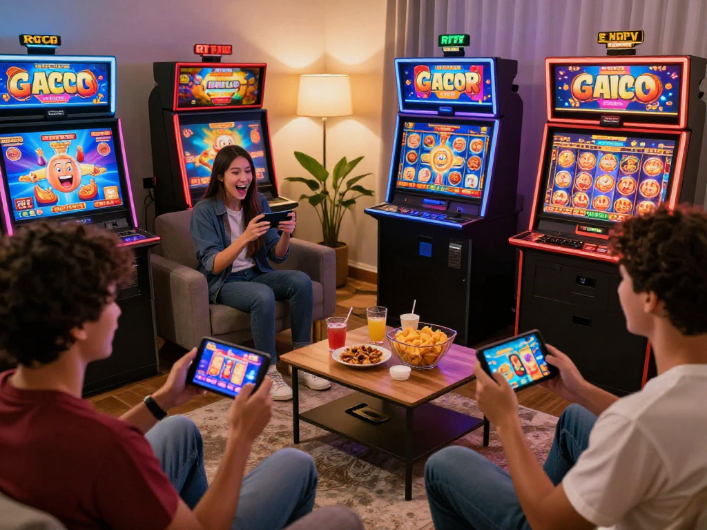 Players enjoying gacor slots online, vibrant home gaming setup with excitement and energy.