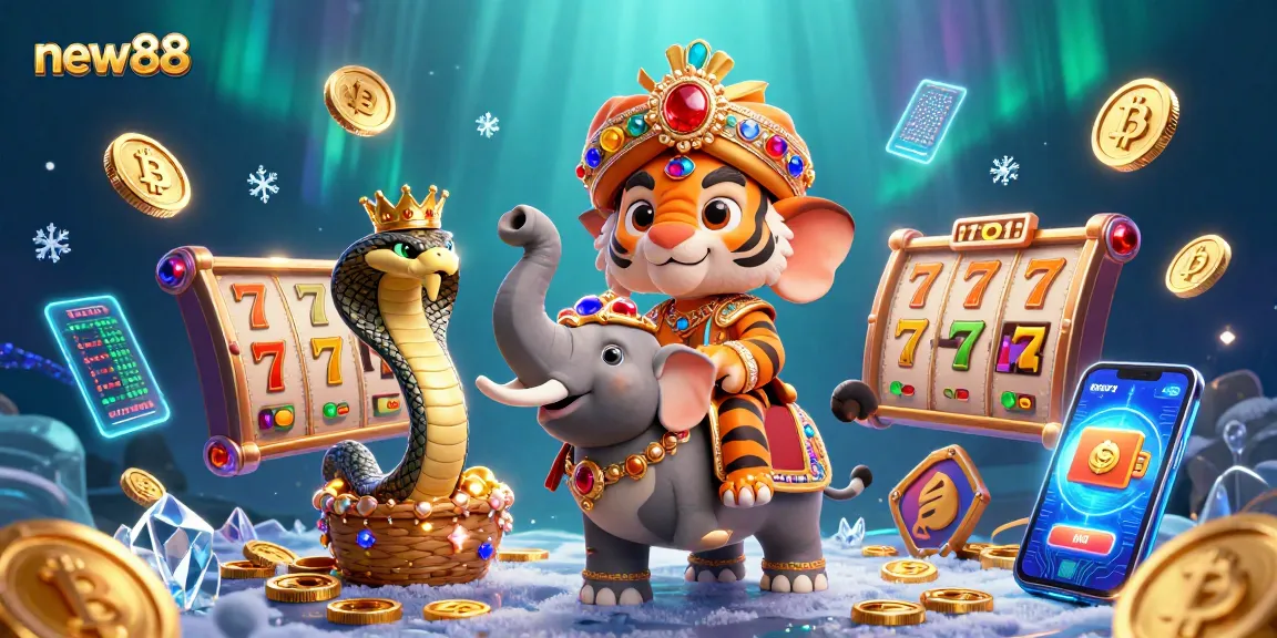 Experience thrilling jackpots at new88 with a colorful 3D scene featuring a maharaja tiger, slots, and cryptocurrency elements