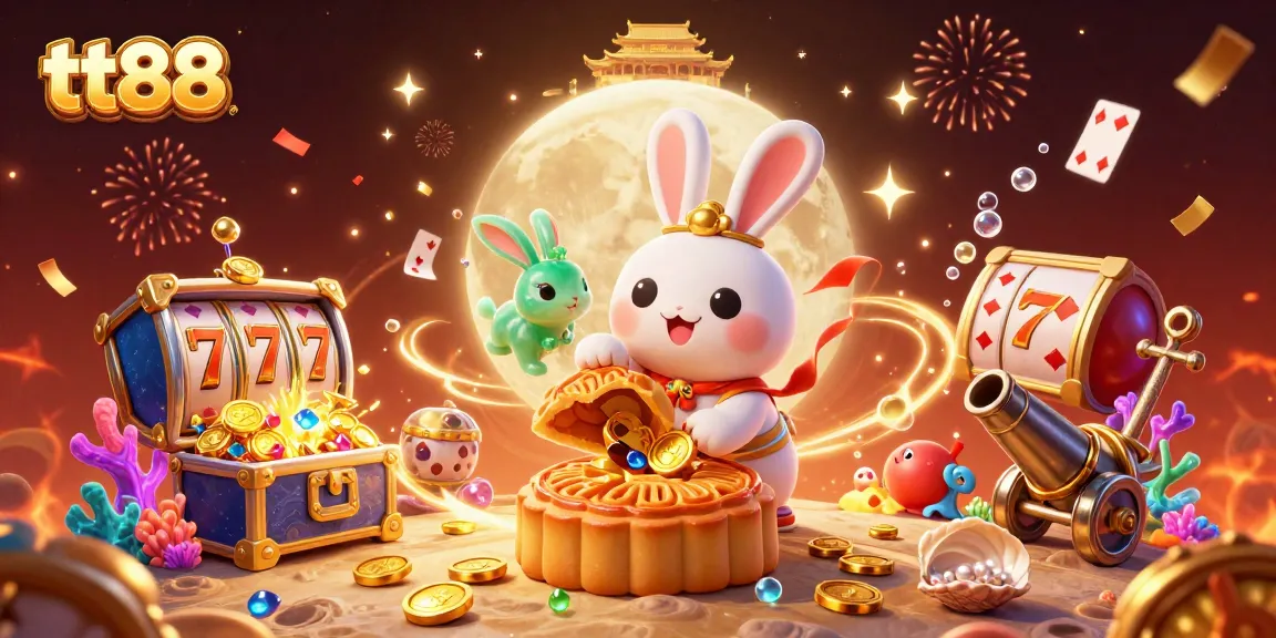 Experience the thrill of gaming with tt88 as a rabbit pounds mooncakes revealing poker chips amidst a vibrant 3D casino.