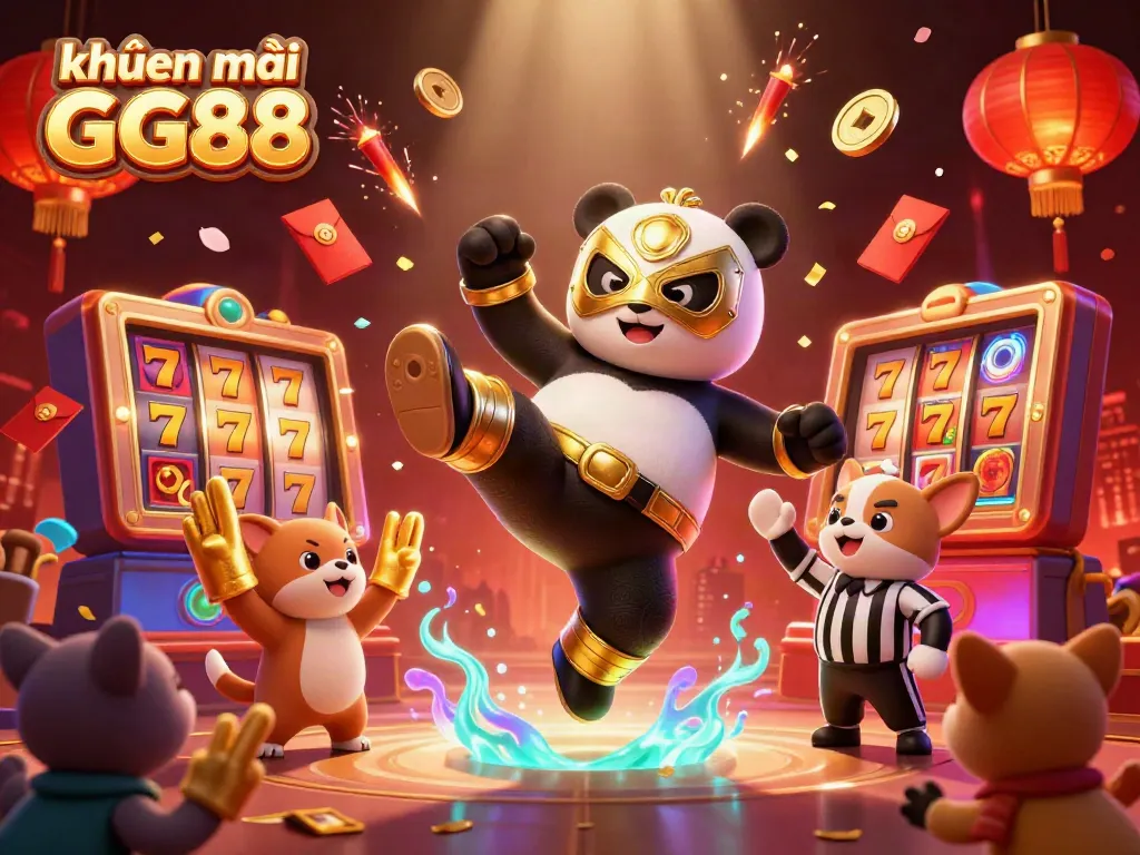 Experience the excitement of khuyến mãi GG88 with a lively 3D illustration showcasing a panda wrestler and a vibrant casino atmosphere.