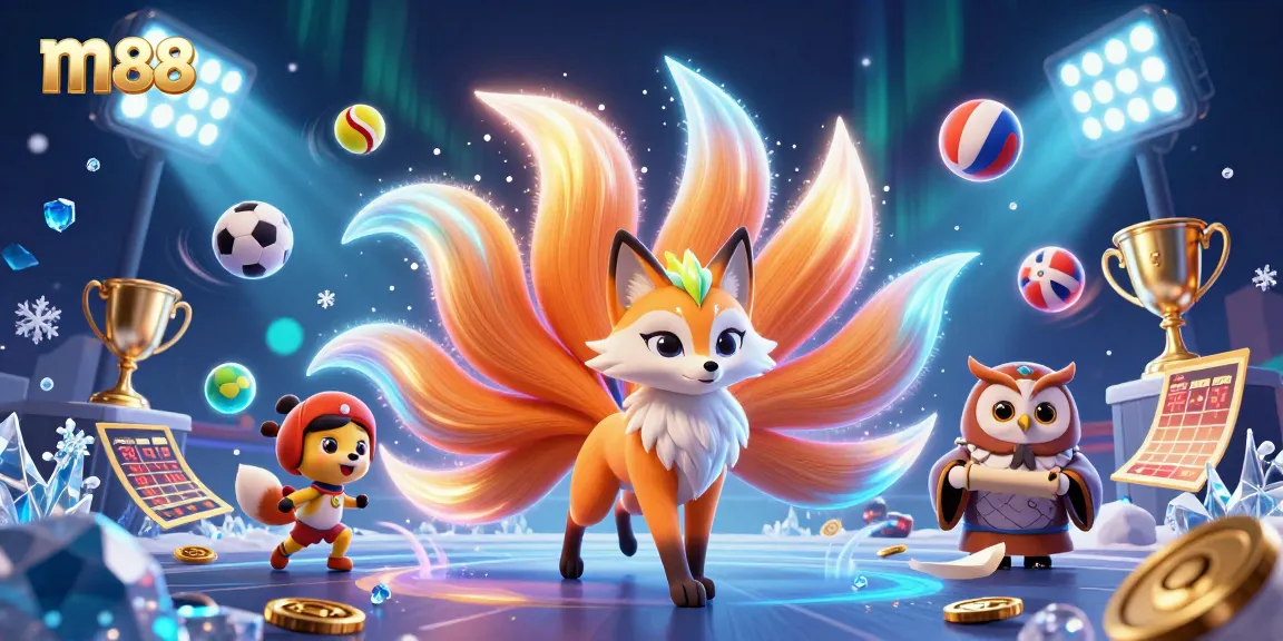 Bet on m88 with a vibrant scene of a nine-tailed fox spirit, sports balls, and glowing elements.