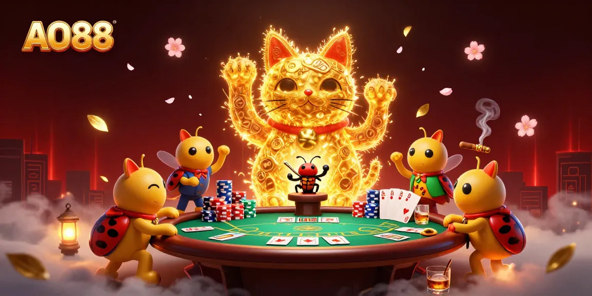 Engage with AO88's vibrant casino art featuring a lively lucky cat formed by fireflies.