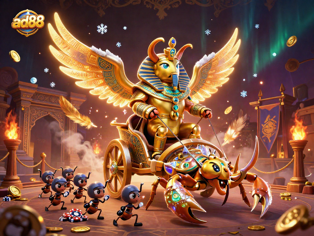 Experience thrilling gameplay with ad88's golden scarab and scorpion chariot in a vibrant casino scene.