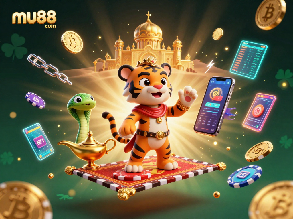 Join the excitement at mu88 com with the cartoon sultan and genie in a rich casino scene.
