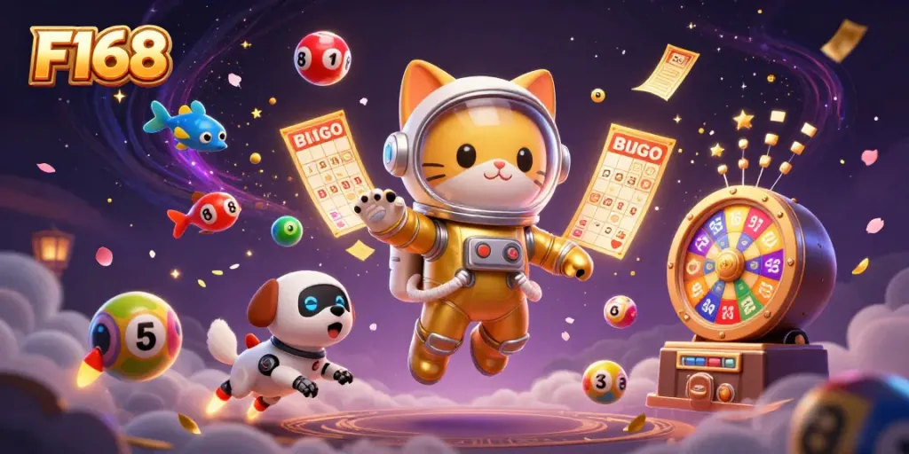 Experience F168's vibrant online casino world with a playful astronaut cat and dynamic gaming elements.