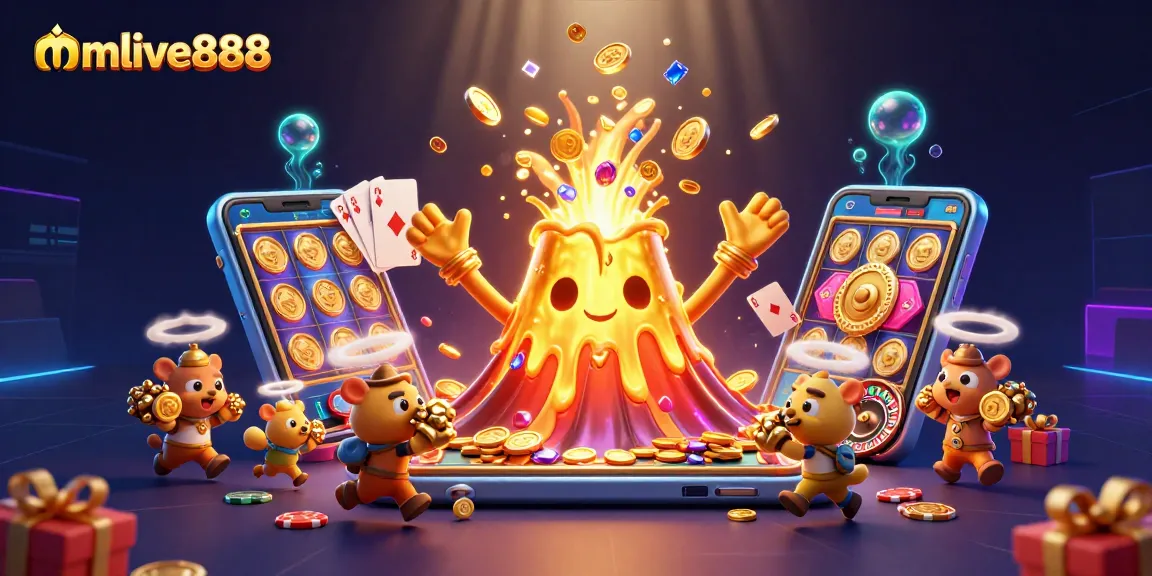 Engage in exciting gameplay with mmlive888 as coins pour from a golden volcano in a vibrant casino environment.