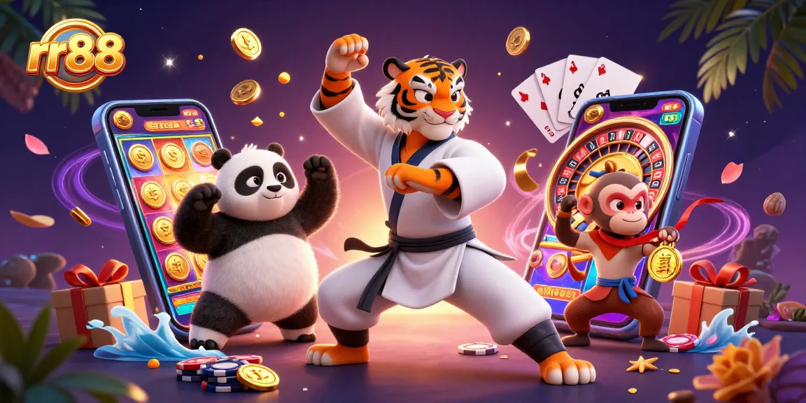 Engage with exciting RR88 slot games and treasures in this vibrant 3D casino illustration.