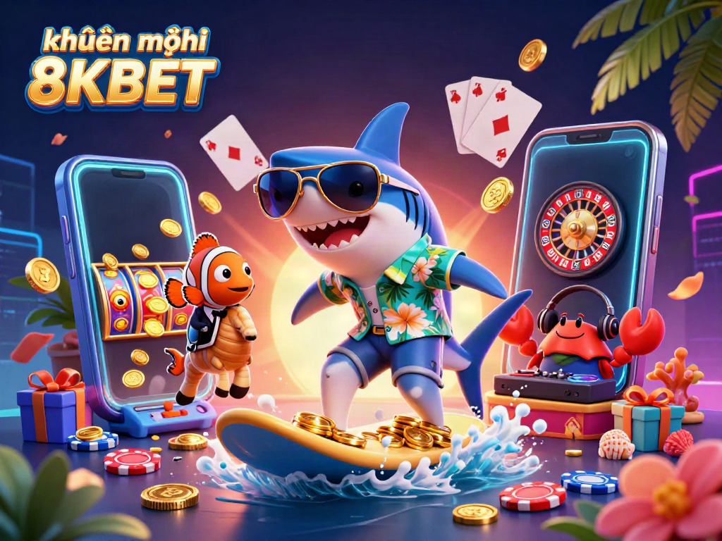 Engage with khuyến mãi 8KBET through a vibrant 3D casino illustration featuring unique characters and exciting gaming elements.