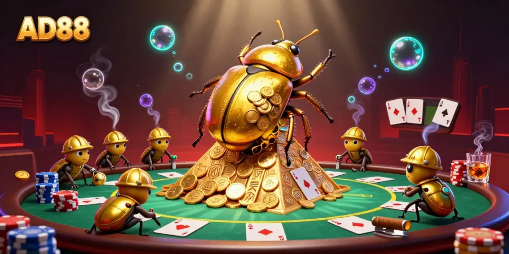 Experience the thrill of AD88 with a golden beetle rolling a casino coin pyramid amidst vibrant gambling elements.