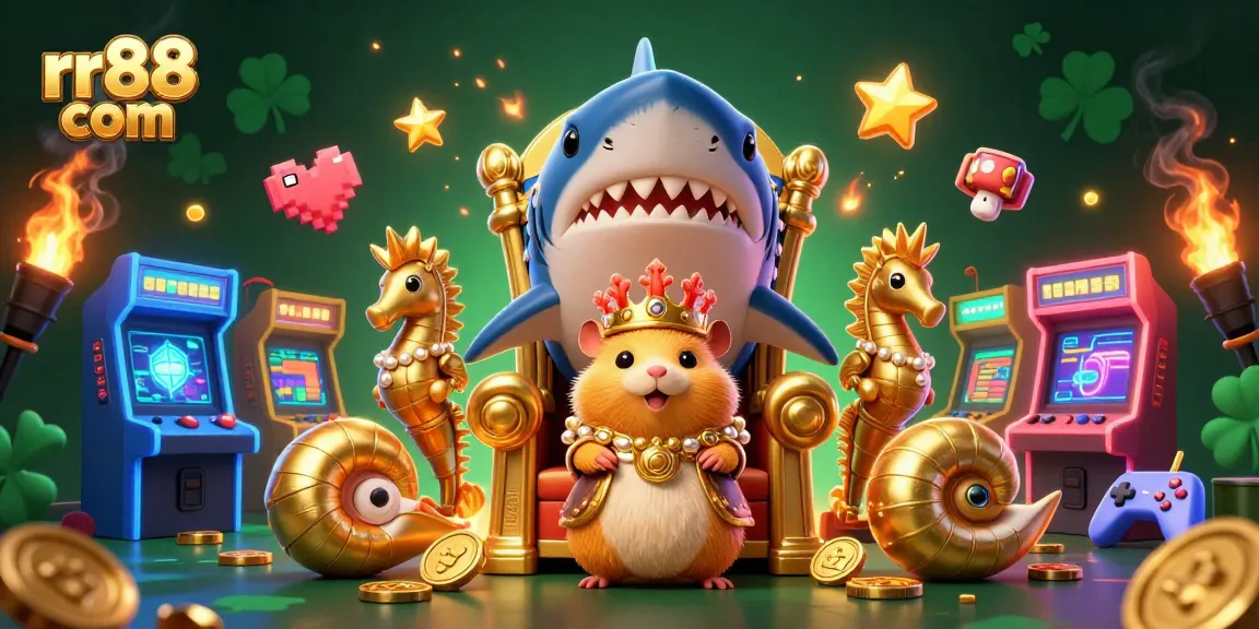 Engage with rr88 com's thrilling casino experience featuring a golden hamster king and seahorse guards amidst vibrant arcade elements.