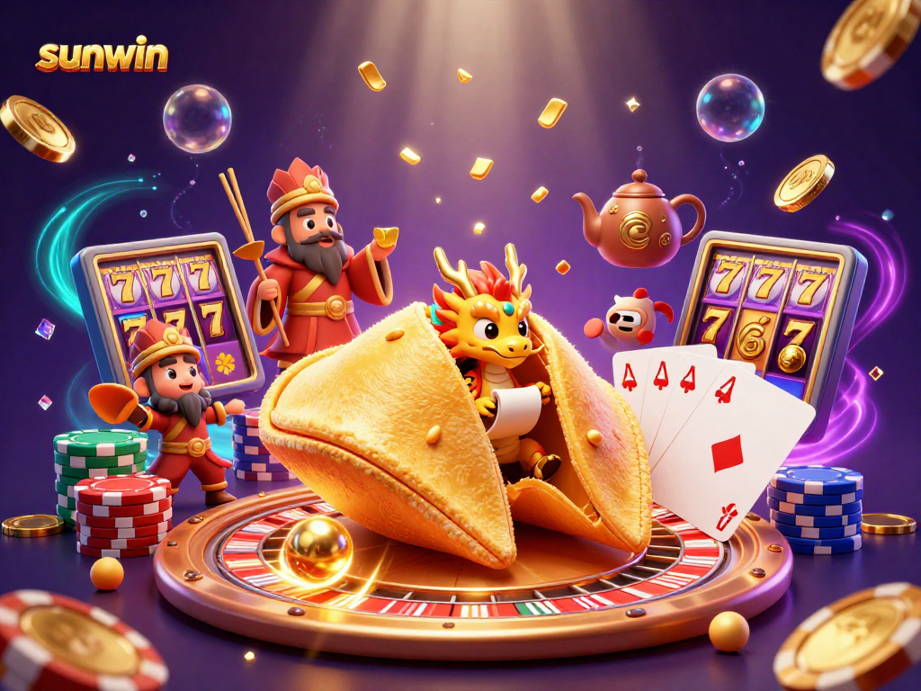 Spin the 3D casino scene with sunwin and a golden fortune cookie revealing winning secrets amidst dynamic riches.