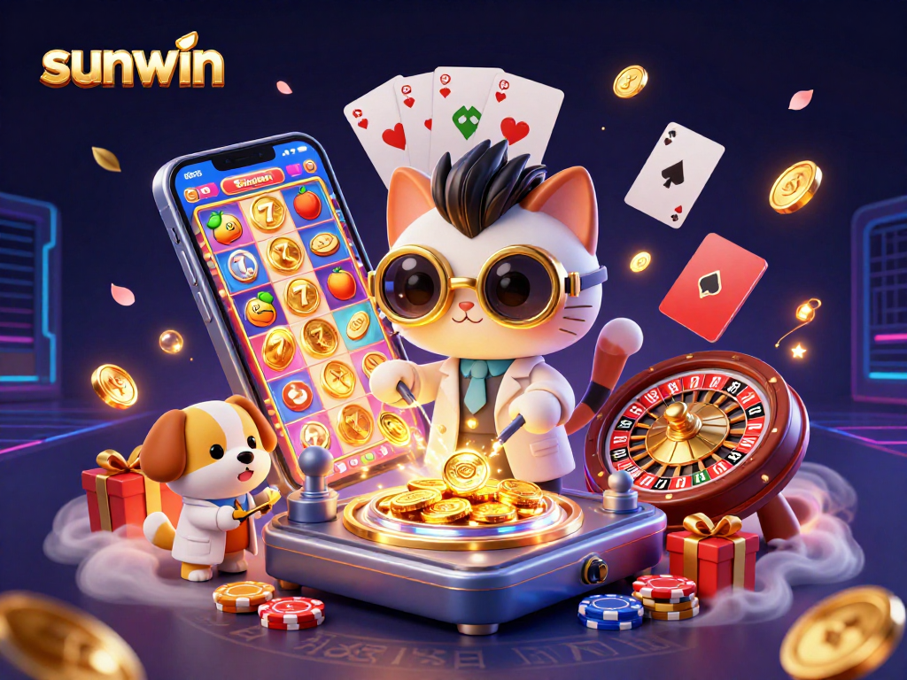 sunwin brings excitement as a mad scientist cat creates slot games and gold coins in a vibrant casino scene