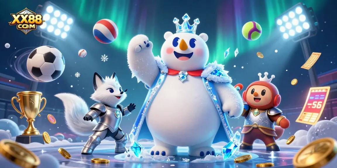 Betting with style at XX88 COM featuring a polar bear and snow fox in a dazzling casino world.