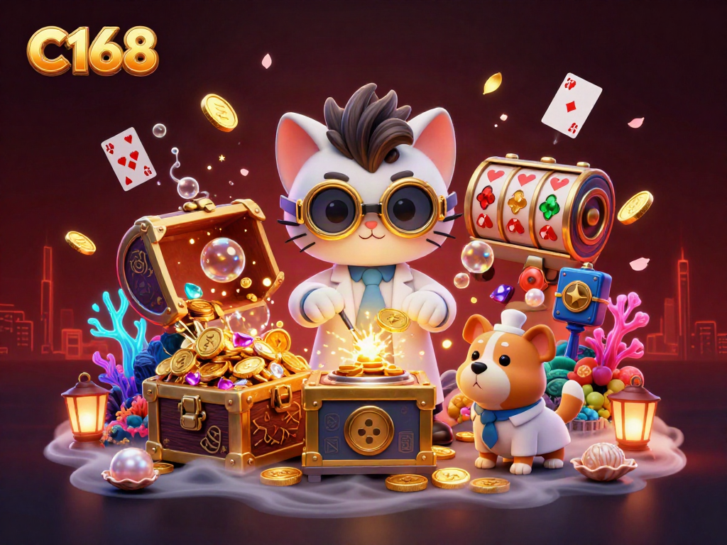 Engage with C168 while exploring a whimsical scene featuring gold coin replication and vibrant gambling elements.