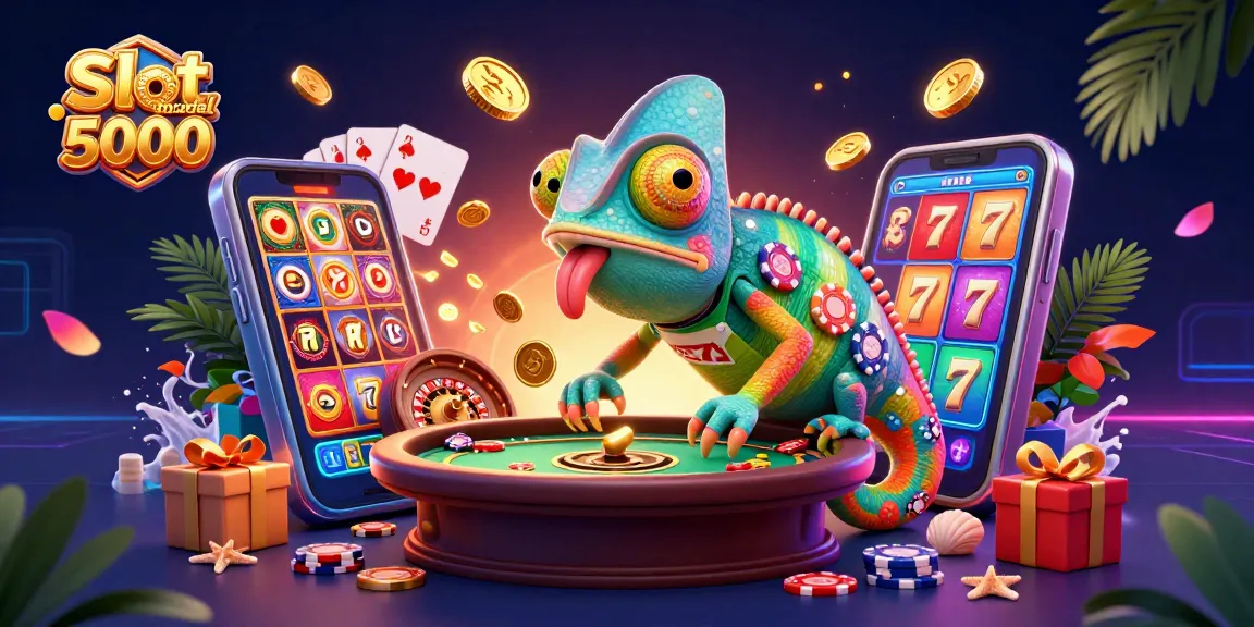 Slot modal 5000 menampilkan chameleon kasino mengumpulkan koin emas dari permainan slot yang mengasyikkan.