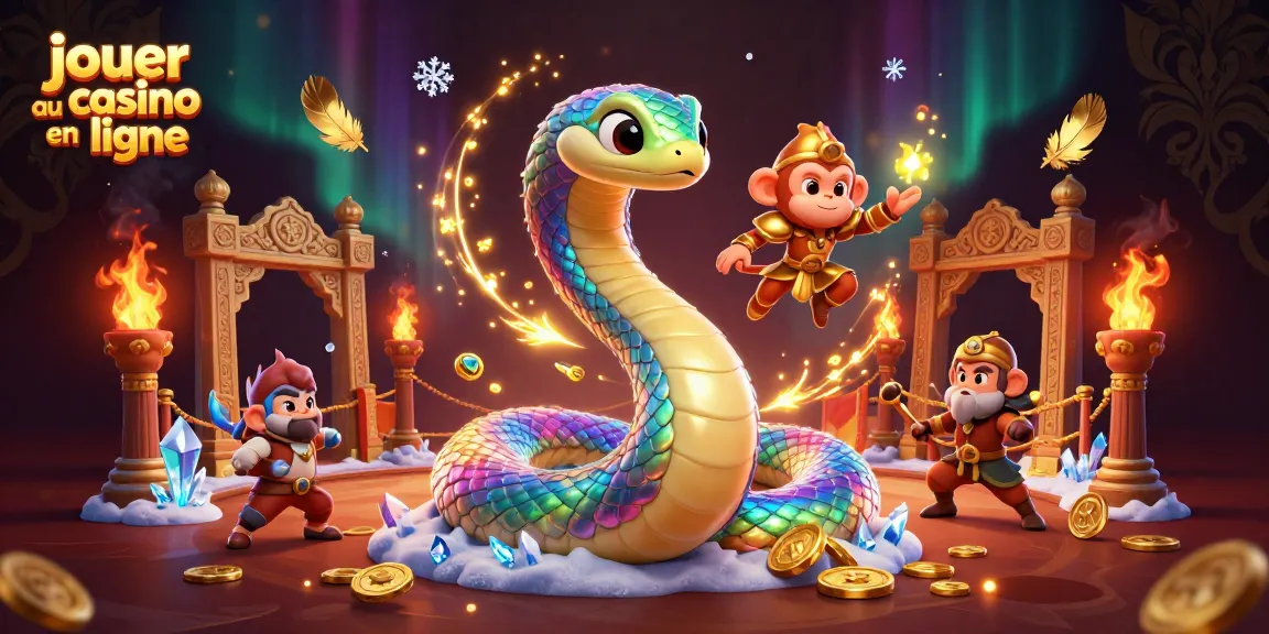 Jouer au casino en ligne avec action captivante et lumières magiques d'un serpent coloré et d'un roi singe.