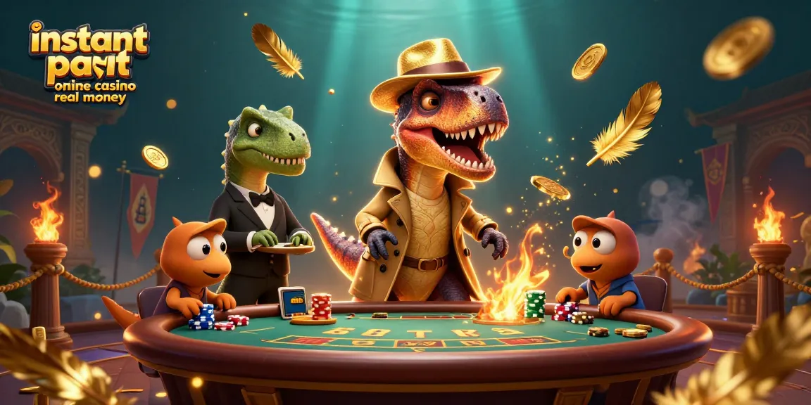 Engage in instant payout online casino real money with a vibrant animated scene featuring a velociraptor blackjack player.