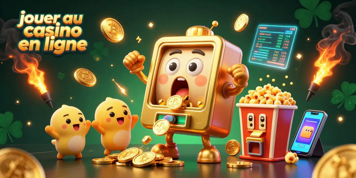Jouer au casino en ligne avec une machine à sous animée gagnant un jackpot sous une nuée de pièces d'or.