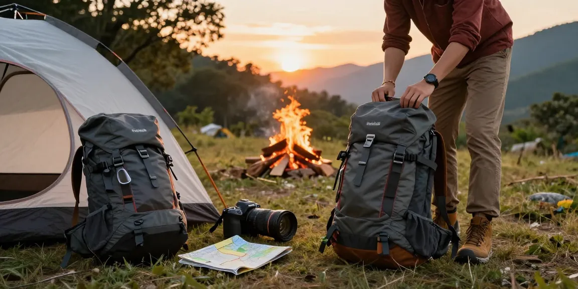 Preparing for an adventure with rokok88 outdoor gear at sunset campsite.