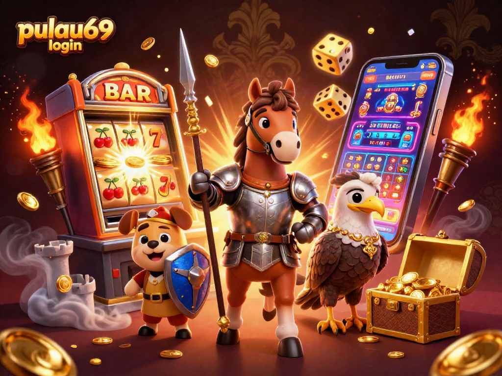 Experience the excitement of pulau69 login with a richly detailed 3D digital illustration featuring vibrant casino elements.