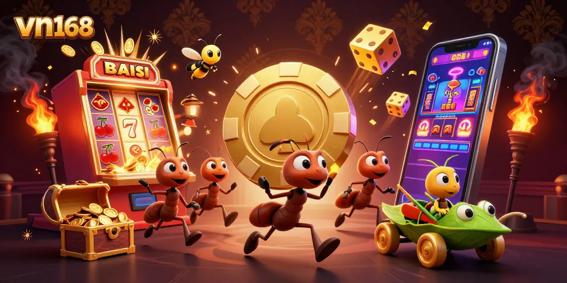 Enjoy thrilling action with vn168 as ants carry a giant poker chip during a heist amidst vibrant casino elements.