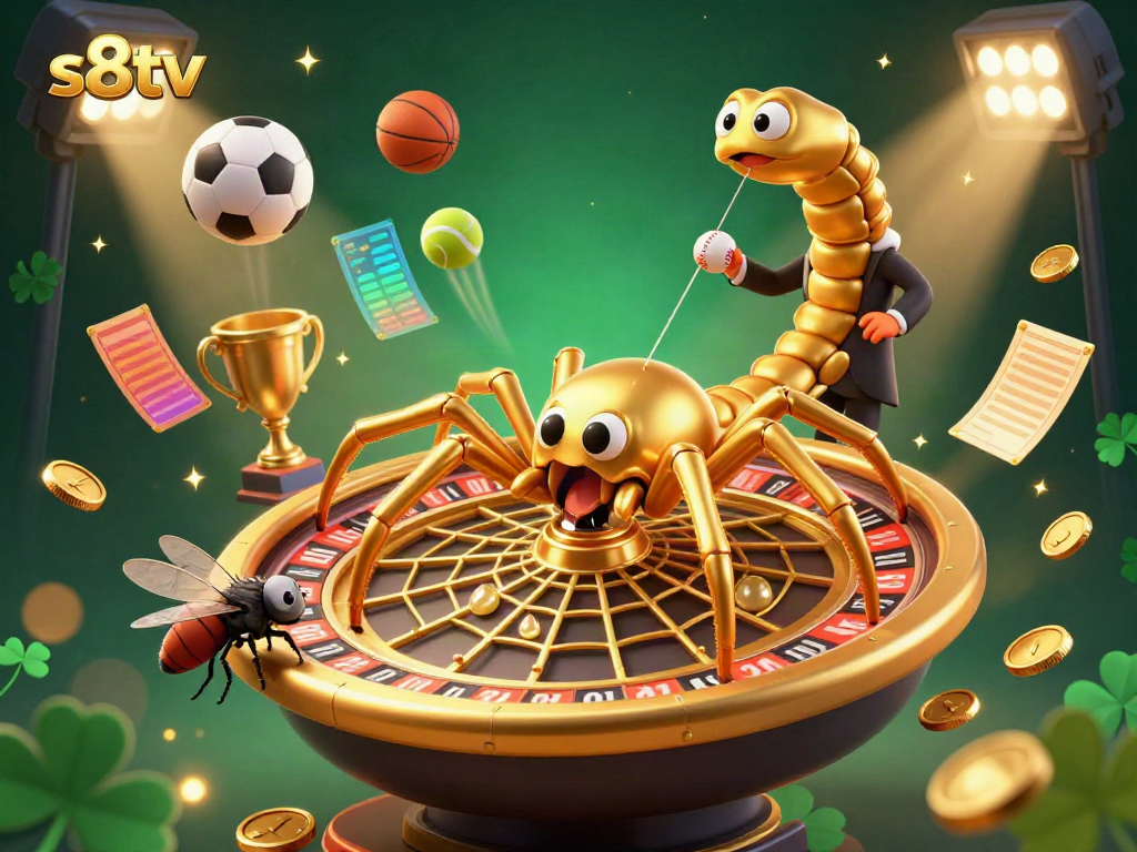 Experience thrilling gameplay at s8tv with a lively casino scene featuring a spider roulette and sports elements dynamically captured in 3D.