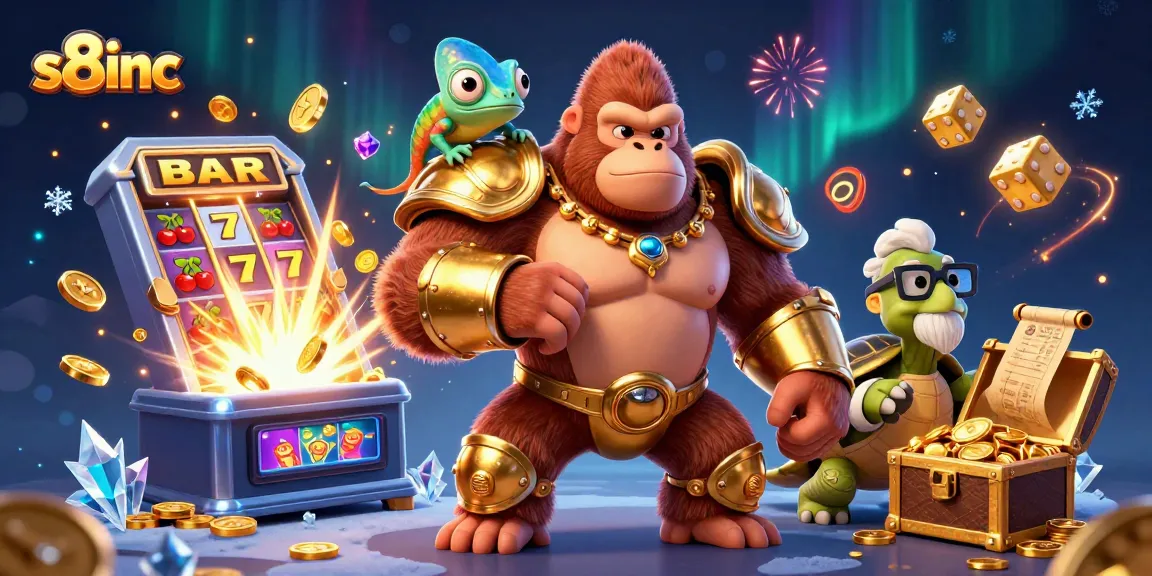 Engage in thrilling betting adventures with S8inc's vibrant casino scene featuring a gorilla in armor, dynamic slot machines, and colorful game elements.