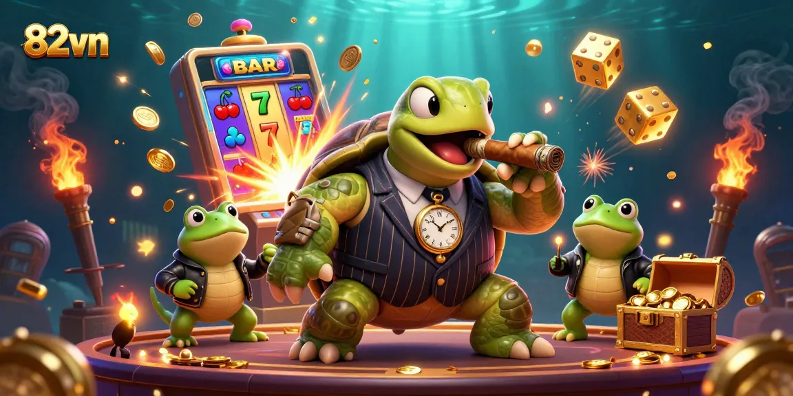 Engaging 82vn casino scene with a snapping turtle and bullfrog enforcers, showcasing excitement and rich visuals.