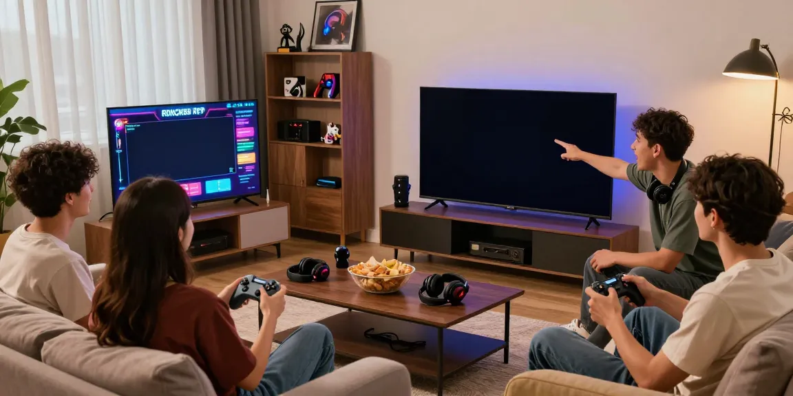 Friends enjoying an engaging gaming session with ROKOK88 RTP interface displayed on the screen, showcasing multiplayer excitement.