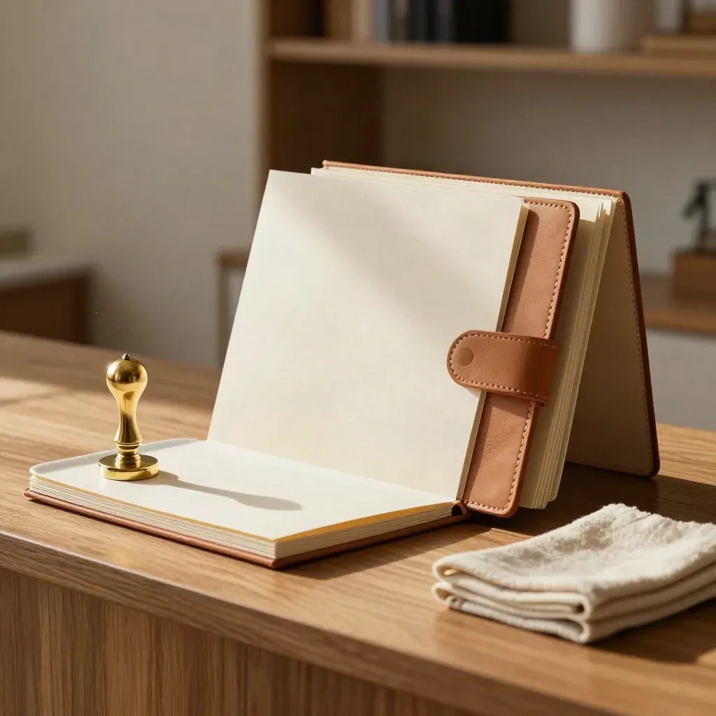 Blank folders, leather sleeves, brass seal and ceramic tray on a warm wood counter