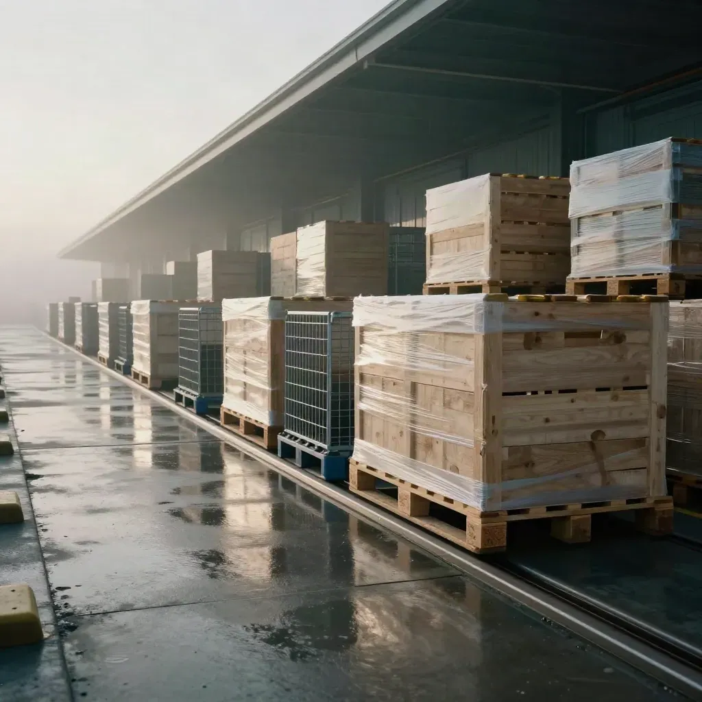 Moody logistics bay with crates, pallet rows, and misty dawn light