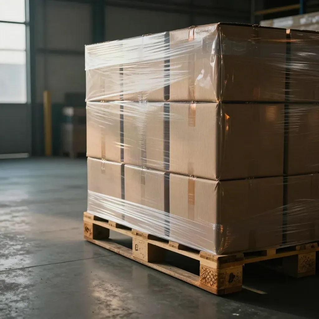 Shrink-wrapped pallet of identical cartons rolling toward dispatch in a hazy warehouse bay.