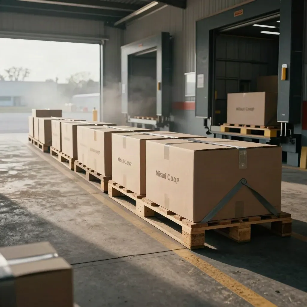 Dock-side freight lane with cartons, skids, straps, and hazy open bay doors.