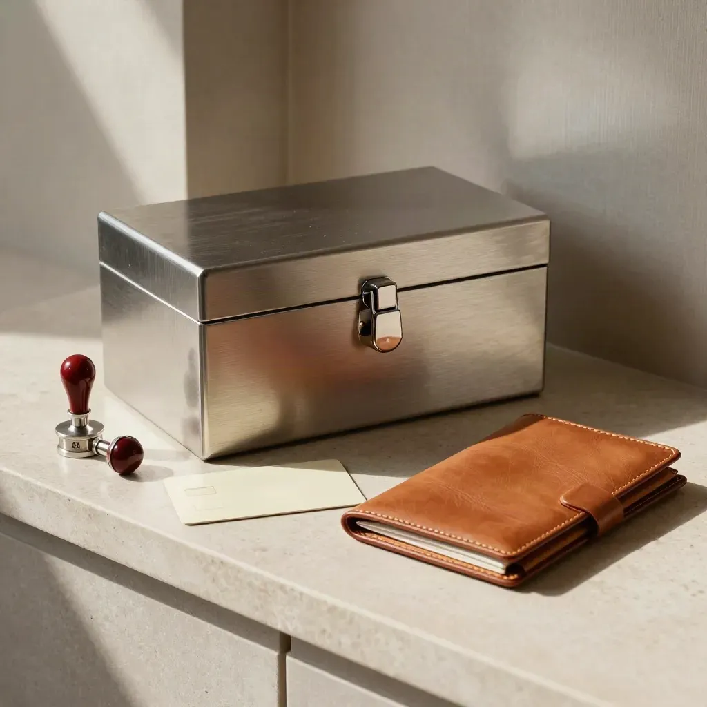 Lockbox, blank cards, tokens and leather portfolio in warm stone light.