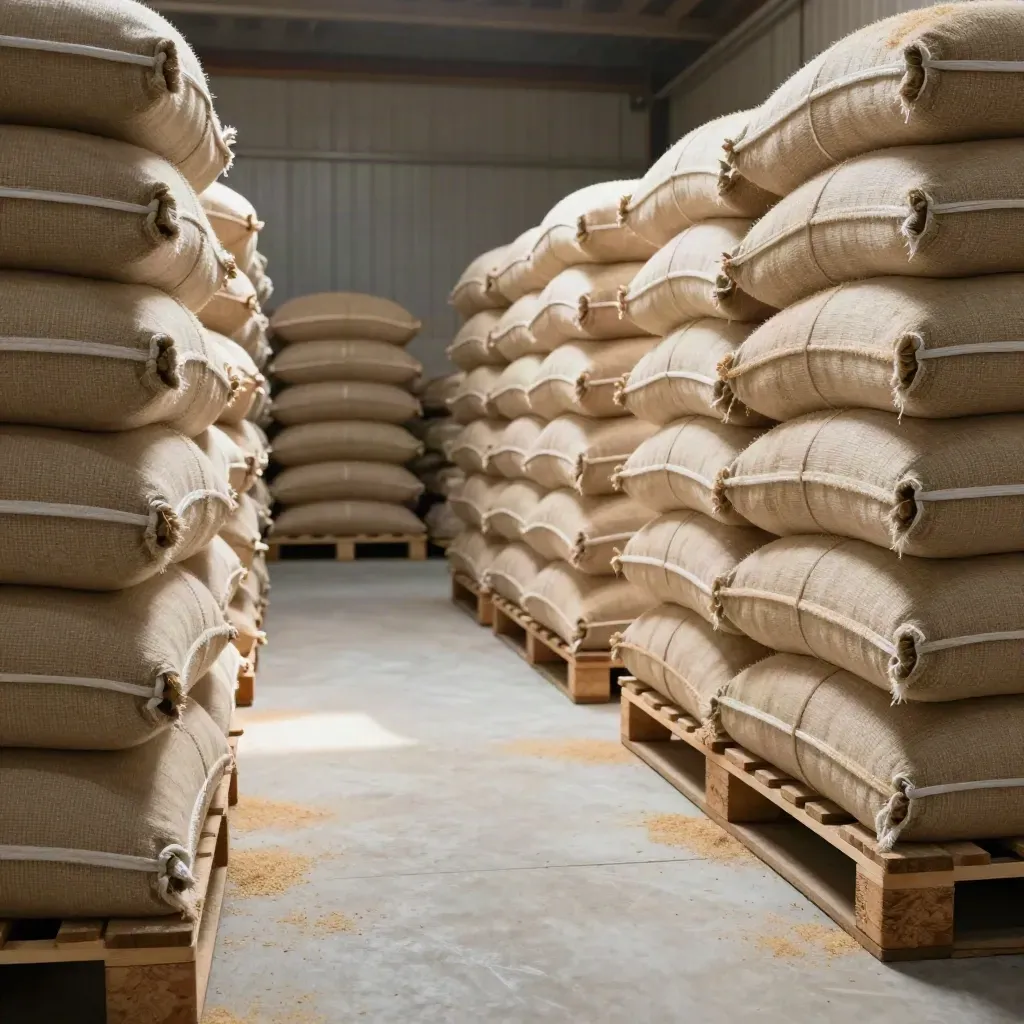 Rice sacks stacked on pallets in a bright warehouse aisle, lit by soft daylight.