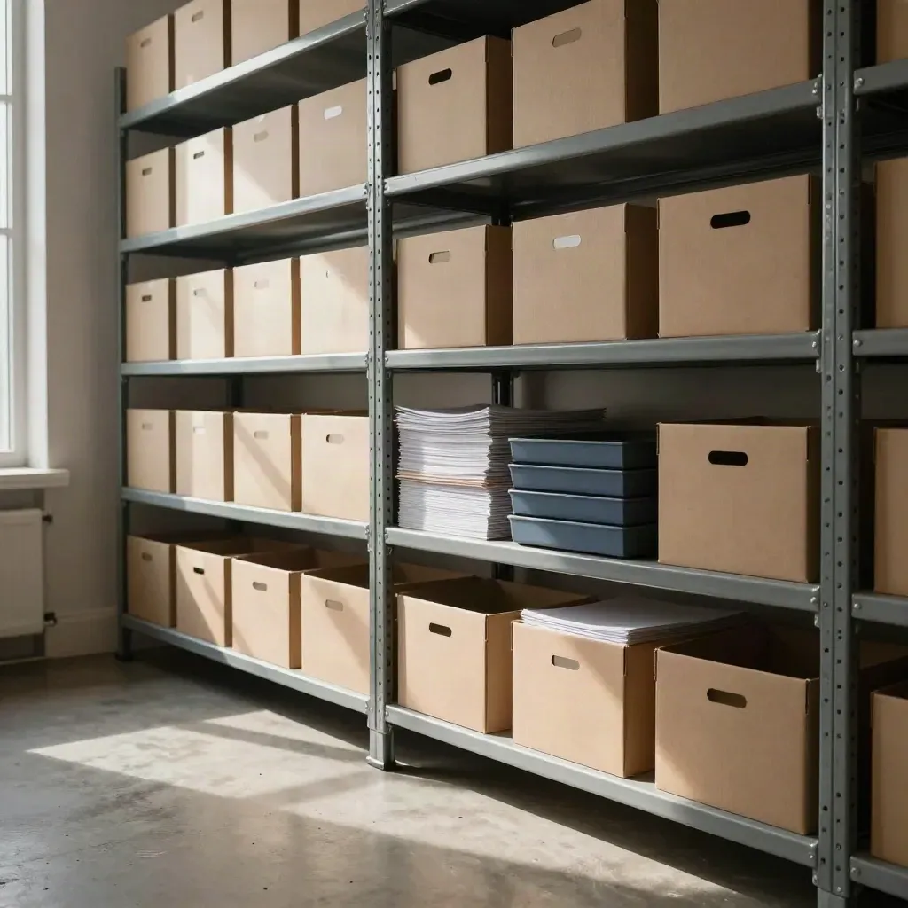 Replenished office supply shelves in a quiet stockroom with soft afternoon light.