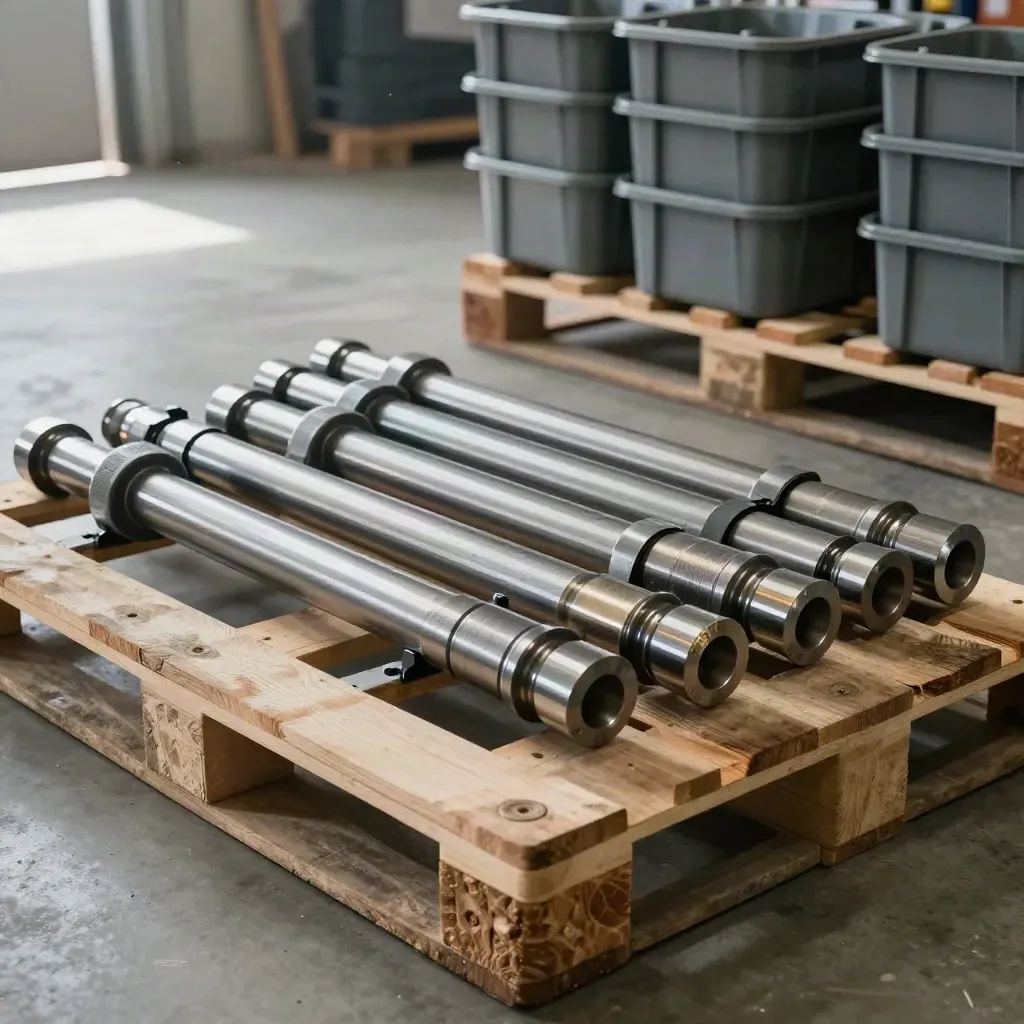 Diagonally crossed pallets of machined parts and bins on a concrete factory floor.